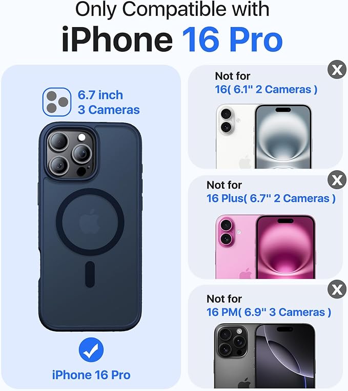 Magnetic for iPhone 16 Pro Case[Compatible with MagSafe][Military-Grade Drop Protection][Anti-Yellowing]Shockproof Protective Translucent Matte Cover for iPhone 16 Pro Phone Case,Midnight Blue