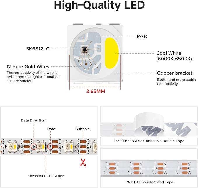 BTF-LIGHTING SK6812(Similar WS2812B) UL Listed RGBW RGB+Cool White(6000K) Individually Addressable DC12V 16.4FT 60LED/m 4 Colors in 1 Light Dream LED Strip IP30 White PCB(No Adapter or Controller)