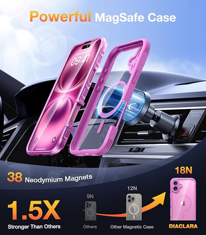 Diaclara Magnetic Designed for iPhone 16 Plus Case,[Full Camera Protection] 360 Clear Bumper Compatible with MagSafe Built-in Screen Protector for 16 Plus case,Magnetic Rose Purple