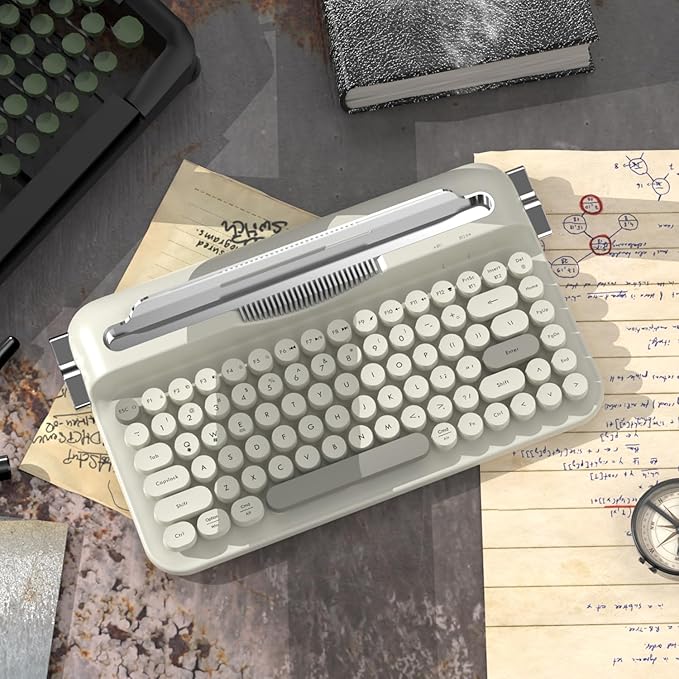 Ajazz AF84 Wireless Membrane Silent Typewriter Keyboard, Bluetooth/2.4G Dual-Mode Connection, Cute Retro Aesthetic Design with Integrated Stand for Tablet, Phone, PC and Win/Mac/Android Gray