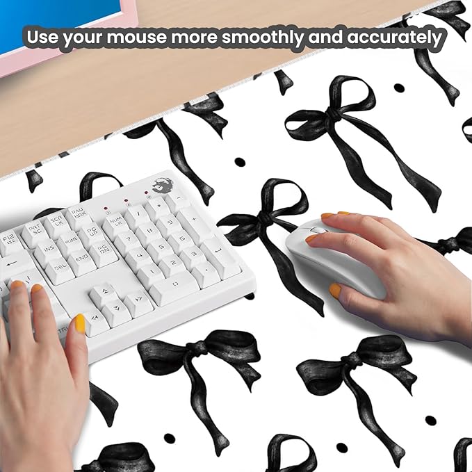 White Mouse Pad with Black Bows, Large Desk Mat Mouse Keyboard Mat for Computer Laptop Non-Slip Rubber Base, Cute Bow Office Mat Girly Desktop Accessories Office Supplies for Girls Women 31.5 x 11.8