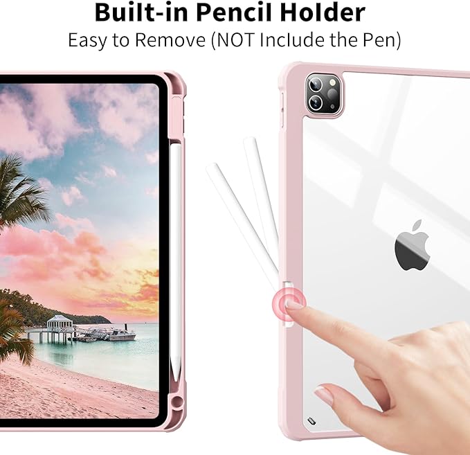 Case for iPad Pro 12.9 Inch (6th/5th/4th/3rd Generation 2022/2021/2020/2018) with Pencil Holder, Clear Transparent Back Shell Slim Stand Shockproof Tablet Cover, Auto Wake/Sleep, Pink