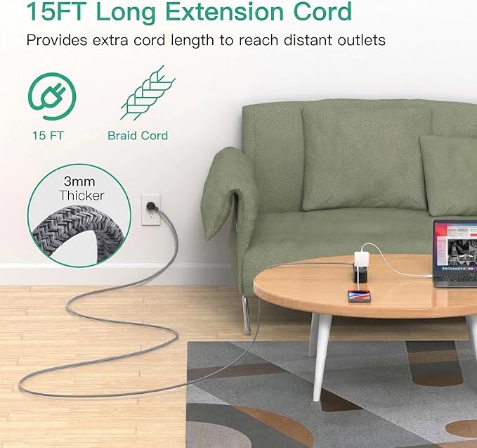 15FT Long Extension Cord with Surge Protector, 13-in-1 Power Strip with 9 Wide Spaced Outlets and 4 USB Ports, Flat Plug Wall Mount Charging Station for College Dorm Room Essentials, Office, Black
