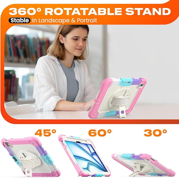 SEYMAC stock Case for iPad Air 11-inch M4-M2 2026-2024 (Gen 8-6), Shockproof Heavy Duty Case with Screen Protector, Pencil Holder, Rotating Stand, Hand Strap, Shoulder Strap, Pink
