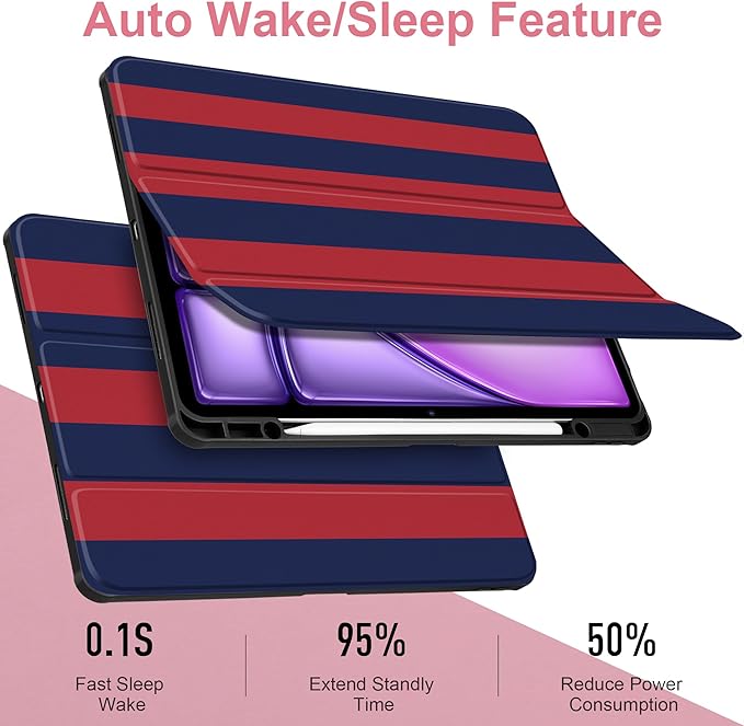 Case for iPad Air 13 inch M4 2026 M3 2025 M2 2024 Release with Pencil Holder Clear Back Shell Lightweight Shockproof TPU Edge Trifold Stand Auto Wake Sleep Cute Cover, Red Blue Stripes