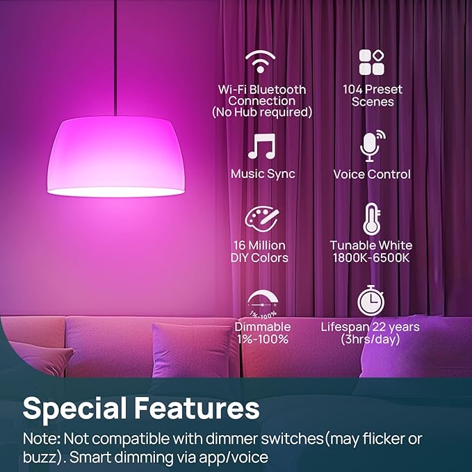 Linkind Smart Light Bulbs, 1100LM (75W Equivalent) Smart Bulb, Work with Alexa & Google Home, RGBTW Color Changing Bulbs Music Sync, 2.4GHz Wi-Fi & Bluetooth, LED Alexa Light Bulbs 11W, A19 E26, 2Pack