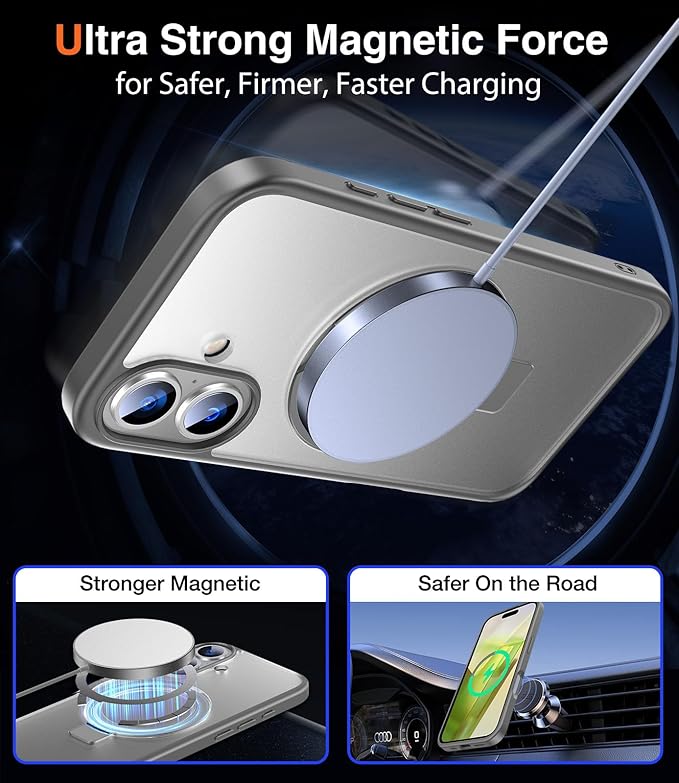 Chicfun 3-in-1 [Magnetic+Kickstand+Ring Holder] for iPhone 16 Plus Case with Stand Ring Holder， Compatible with MagSafe, Military Shockproof Kickstand Phone Case iPhone 16 Plus Cover Grey
