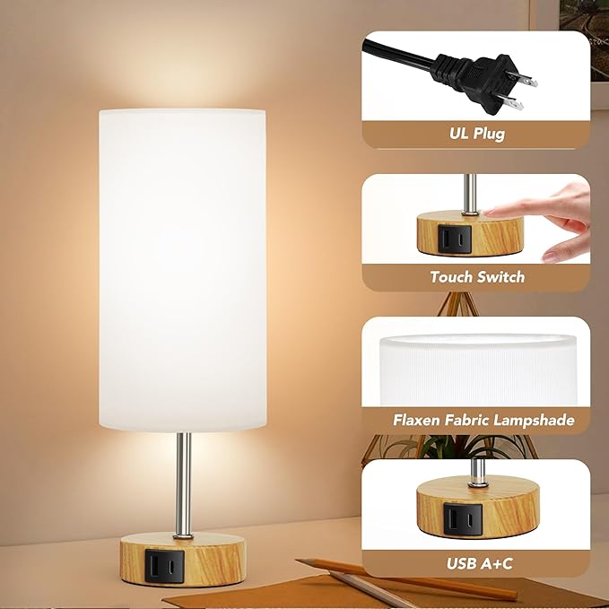 ROTTOGOON 12.8" Touch Control Table Lamp, 3-Way Dimmable Small Bedside Nightstand Lamp with 2 USB Ports, Modern Table Lamp with 5000K Daylight LED Bulb for Living Room (2 Pack)