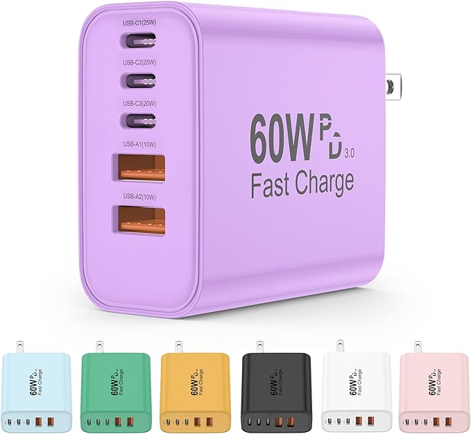USB C Charger Block, 60W 5 in 1 Charging Blocks, PD 3.0 Fast Charger, QC 2A Purple Wall Plug Multiport Type C Charging Block for iPhone 17 16 15 14 13 12 Pro Max, iPad, iPod, Samsung, AirPods Pro