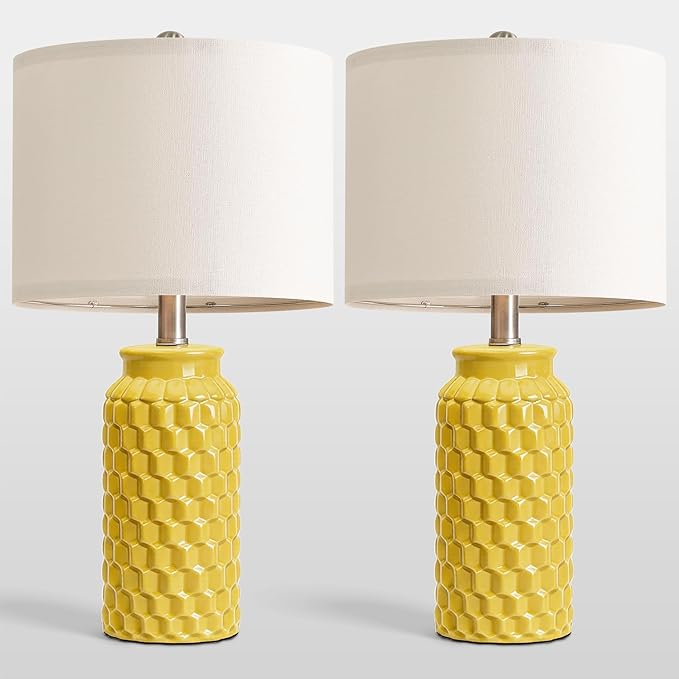 USumkky 20.5" Ceramic Table Lamps Set of 2 - Modern Farmhouse & Boho Style, Bedside Nightstand Lamps for Bedroom, Living Room End Table Lamps, Small Desk Lamp(Yellow)