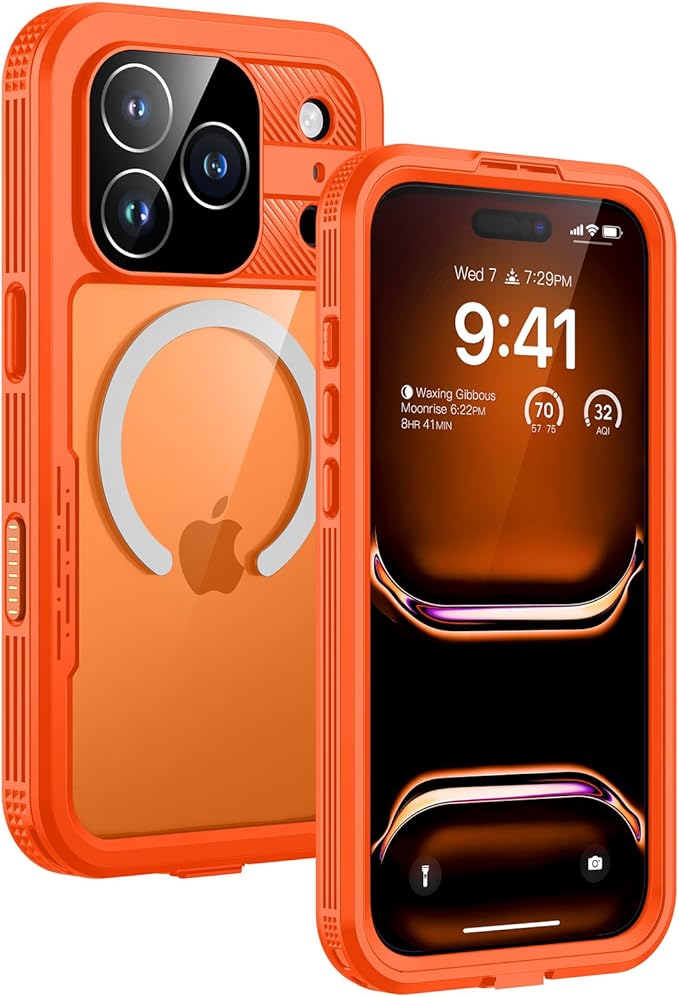 Lanhiem Magnetic for iPhone 17 Pro Max Case, IP68 Waterproof, Dustproof, Compatible with Magsafe, Built-in Screen Protector, Full Body, Heavy Duty, Rugged Phone Cover, 6.9 inch, Cosmic Orange