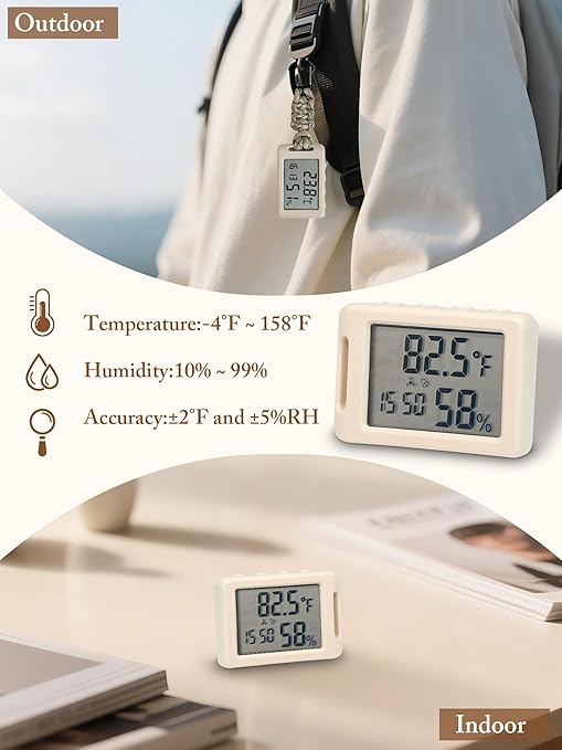 Mini Humidity Meter Indoor Outdoor Hygrometer Thermometer Portable Room Temperature Monitor with Small Digital Clock, Thermometer and Humidity Gauge for Camping Cellar Closet Home