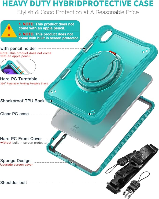 BRAECN for iPad (a17 pro) Mini 7/Mini 6 Case 2024/2021 8.3 inch with Pencil Holder Protective Clear Ring Handle 360 Rotating Stand Shockproof Dropproof Rugged Carrying Shoulder Strap Kids Friendly
