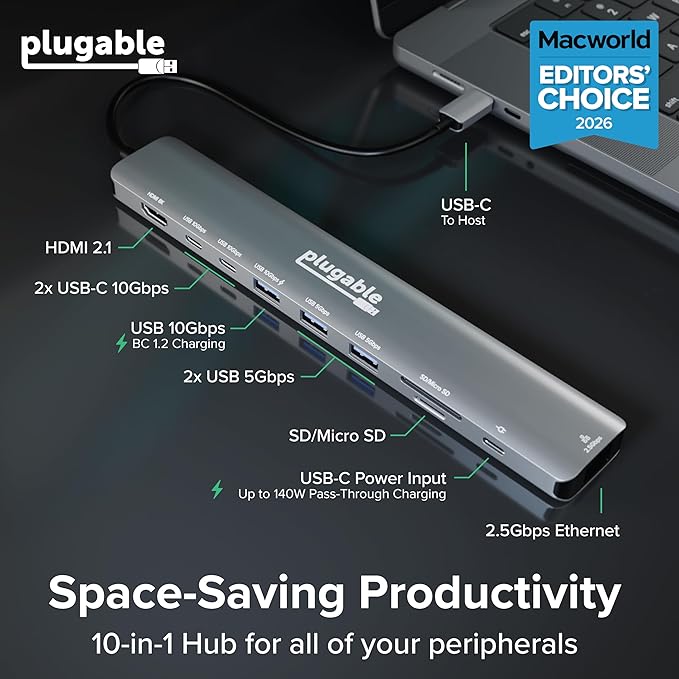 Plugable USB C Hub: 10-in-1 Multiport Adapter (8K/4K 144Hz HDMI 2.1, 2.5G Ethernet, 140W Charging, 10Gbps Data) Driverless IT Deployment for MacBook Pro/Air Windows Thunderbolt Chromebook, USBC-10IN1E