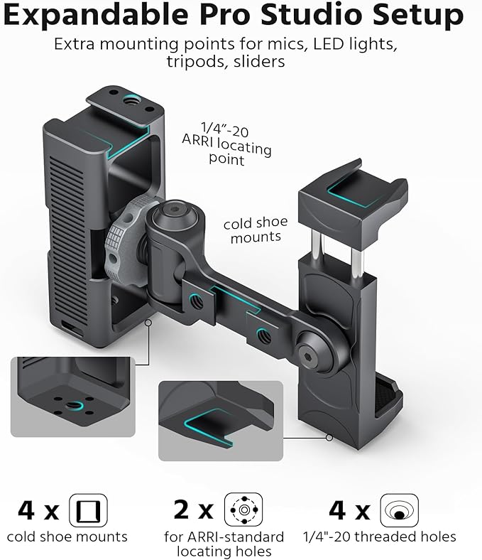 Phone Clip Rig Stabilizer for Smartphone, Lightweight Handheld Vlogging Rig with 360° Rotation, Grip & Cold Shoe Mounts | Compatible with Most Smartphones (for Cold Shoe Standard)