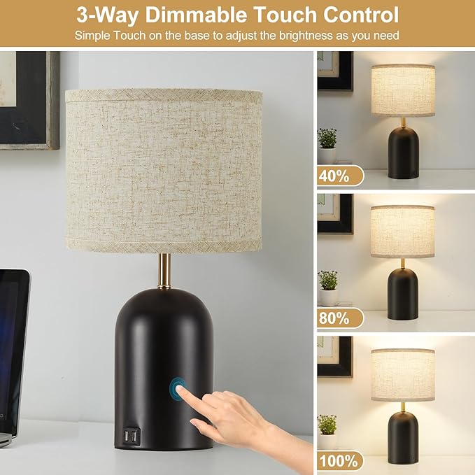 GyroVu Bedside Lamps with USB C+A Charging Ports, Table Lamp Touch Control Dimmable Modern Lamp for Bedroom Lamps for Night Stands with Fabric Shade for Living Room Office Dorm (LED Bulbs Included)