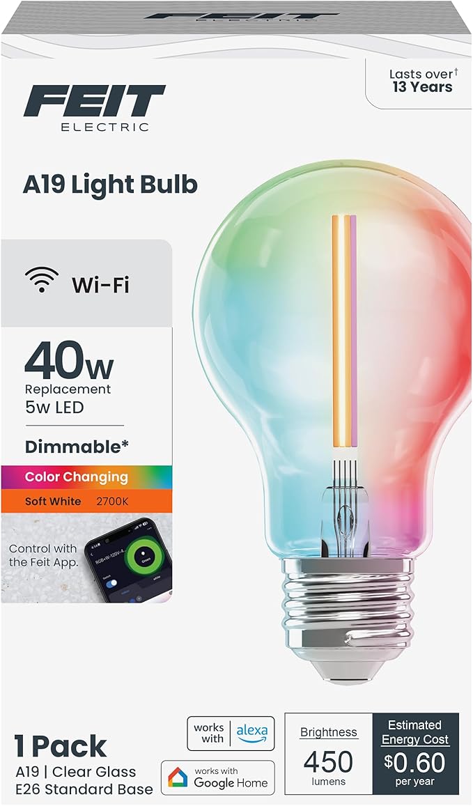 Feit Electric Smart LED Light Bulb, 40W Eq, Color Changing, Dimmable, Works with Alexa & Google Home, Wi-Fi Enabled, Straight Filament Glass Design, 90+ CRI, 15,000-Hour Lifetime, A1940/CL/RGBW/FIL/AG