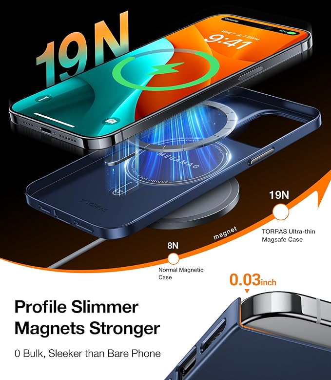 TORRAS Magnetic Slim-Fit for iPhone 15 Pro Max Case, Ultra-Thin 15 ProMax Phone Case Compatible with MagSafe, Lightweight Anti-Scratch Matte Hard Phone 15 ProMax Case 6.7 inch OriginFit, Navy Blue