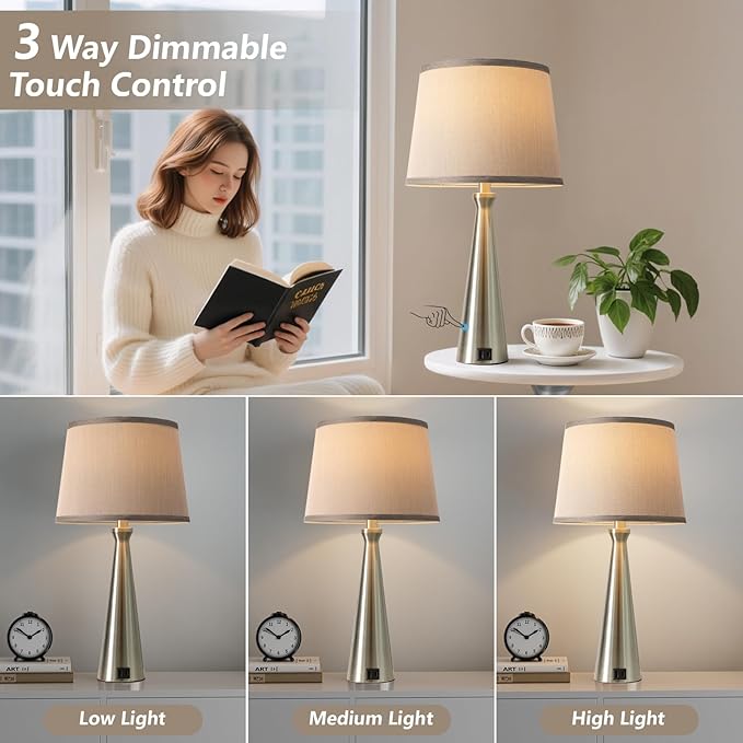 Seealle Modern Table Lamps Set of 2 - Touch Bedside Lamp for Nightstand with Dual USB C+A,3-Way Dimmable Silver Nightstand Lamps for Living Room Bedroom End Table with Grey Shade(Bulb Included)