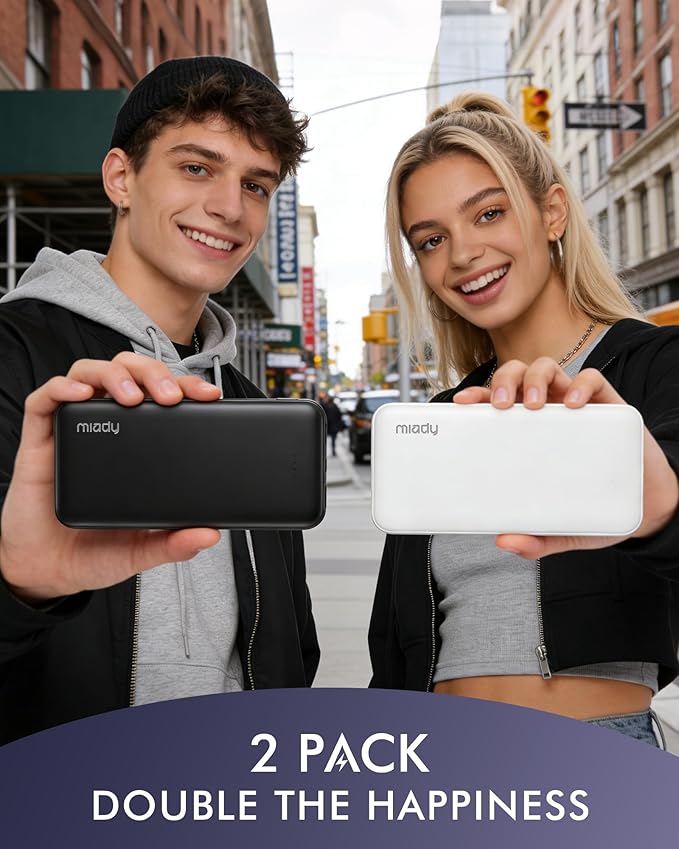 Miady 2-Pack Portable Charger, Slim 10000mAh Power Bank Travel Battery Pack 3 Outputs 2 Inputs Compatible with iPhone 17/16/15/14/13 Galaxy S24/22 iPad Android etc (Black+White)