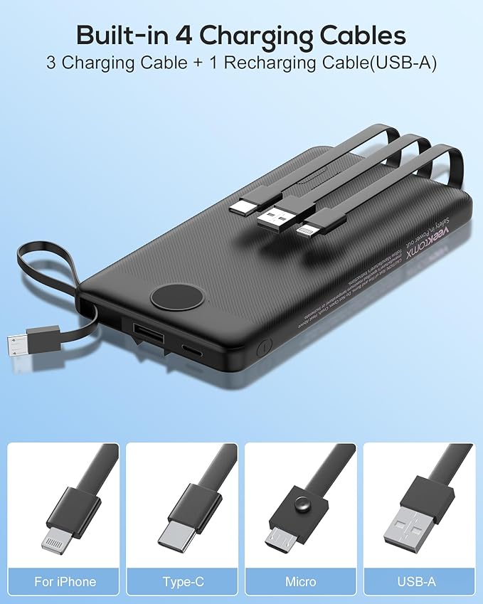 VEEKTOMX Portable Charger Built-in Cables, 10000mAh Power Bank for iPhone, Fast Charge USB C Battery Pack Travel Essentials Powerbank Compatible with iPhone 17/16/15/14, Samsung S25/24, Android, etc