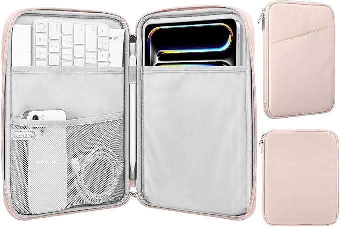 MoKo 13 Inch Tablet Sleeve Bag, Compatible with New 13 Inch iPad Pro M5 & Air M4/M3, iPad Pro 12.9 inch M2&M1, Galaxy Tab S8+/S9+ 12.4", Waterproof Bag Carrying Case with Pocket, Pink
