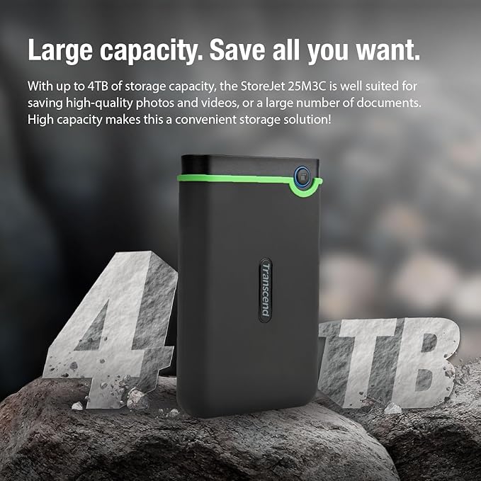 Transcend StoreJet 2TB Rugged External Hard Drive, for PS4/PC/Mac/Desktop, Laptop/Xbox One/Xbox 360, USB3.1Gen1(5Gbps) Type-C Portable HDD/One Touch Auto-Backup Button/Anti-Shock Resistant-TS2TSJ25M3C