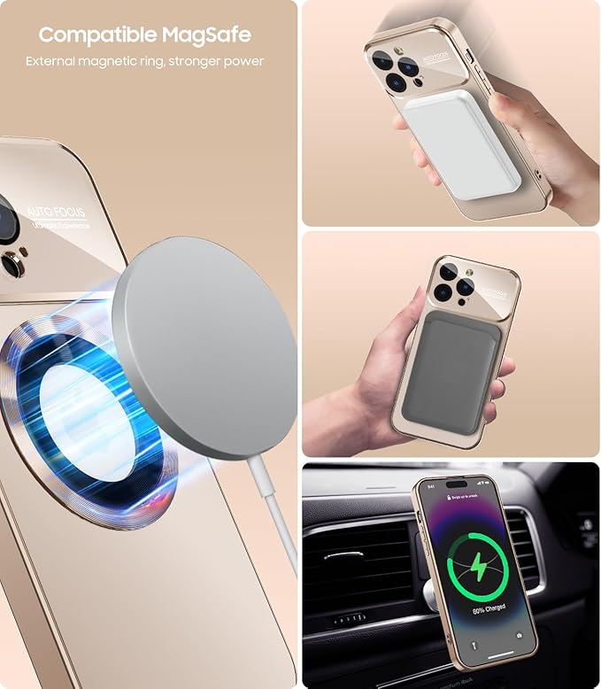 MAKAVO Magnetic for iPhone 13 Pro Max Case, Compatible with MagSafe, Built-in Camera Lens Protector, Logo View, Military Grade Drop Proof Phone Case Cover, Desert Titanium