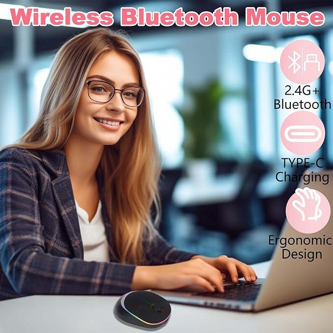 Ergonomic Vertical Mouse Wireless Bluetooth Rechargeable Silent Portable Ergo Mice with RGB LED Light & 2.4G USB Receiver, for PC Laptop Tablet Computer, Office Home, Adult Student Kids Gift-Black