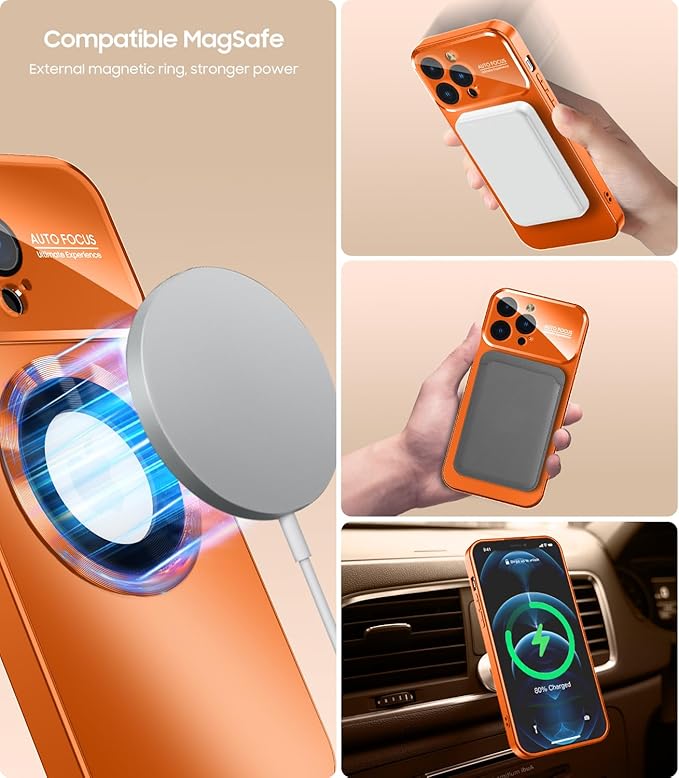MAKAVO Magnetic for iPhone 12 Pro Max Case, Compatible with MagSafe, Built-in Camera Lens Protector, Logo View, Military Grade Drop Proof Phone Case Cover, Orange