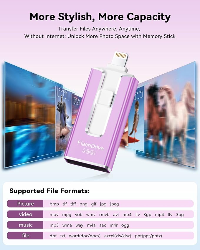 MFi Certified 256GB Flash Drive for iPhone, 3 in 1 Type-C USB Memory Stick Thumb Drive for Photos Videos, High Speed External Memory Storage Photo Stick for iPhone iPad Android PC (Purple)