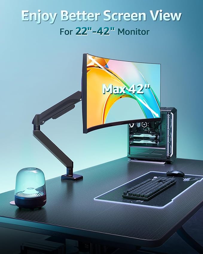Heavy Duty Single Monitor Arm for Max 42 Inch Screens, Monitor Mount for Desk Supports 4.4-33 lbs, Height Adjustable Ultrawide Monitors Stand with C-Clamp & Grommet Base, VESA Mount 70/100