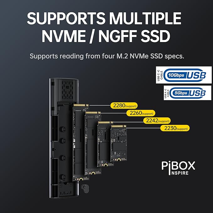 PiBOX India NVMe M2 Enclosure - Dual Protocol USB 3.2 Tool-Free Case, PCI-E Reader, USB-C, M & B+M Keys, 2230/2242/2260/2280 SSDs
