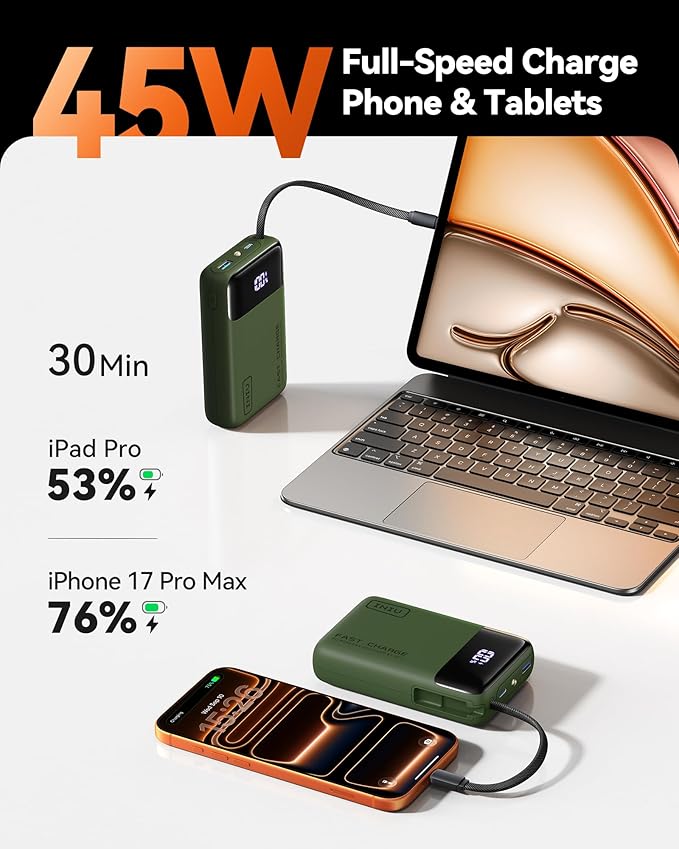 INIU 20000mAh Power Bank, Smaller 45W PD Fast Charging Portable Charger, Battery Pack with Build in USB C Cable, Travel Phone Flight-Safe Powerbank for iPhone 17 16 Samsung S26 Google iPad, Green