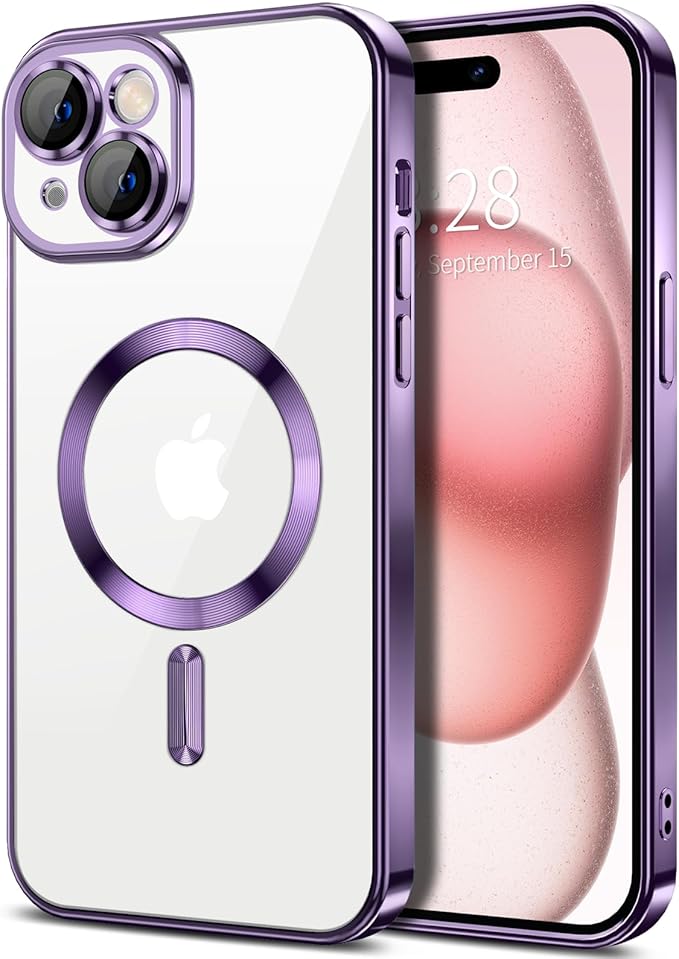 Hython Magnetic Clear for iPhone 15 Plus Case with Camera Lens Protector [Compatible with MagSafe] Luxury Plating Edge Slim Soft TPU Cover Protective Phone Case for iPhone 15 Plus 6.7", Deep Purple