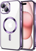 Hython Magnetic Clear for iPhone 15 Plus Case with Camera Lens Protector [Compatible with MagSafe] Luxury Plating Edge Slim Soft TPU Cover Protective Phone Case for iPhone 15 Plus 6.7", Deep Purple
