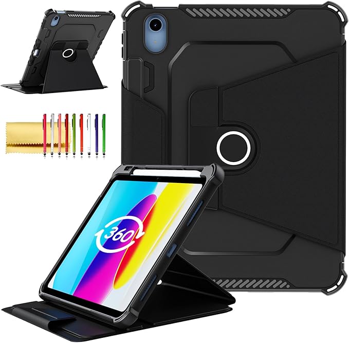 Rotating Case for iPad 11" A16 2025 / iPad 10th Generation 10.9" 2022 Smart Cover with Pencil Holder, Techcircle [Corner Protection] Hybrid TPU+PC Magnetic Flip Stand Soft Bumper Cover, Black