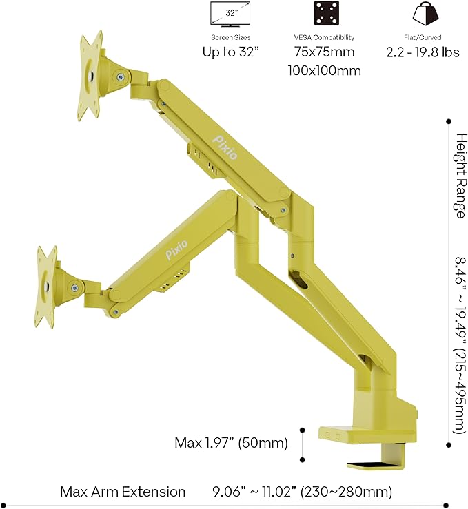 Pixio PS1D Wave Yellow Dual Monitor Arm Stand Desk Mount - Fits up to 32 inches Monitors and up to 19.8lbs. VESA Compatibility and Integrated Cable Management
