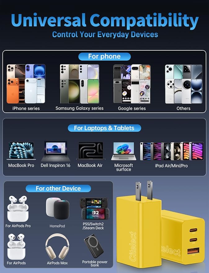 2Pack 65W USB C Charger Block, 3Port Fast Charging Adapter,Type C Fast Charging Blocks Cube PD USBC Wall Plug+QC3.0 USB A Charger Brick for MacBook Pro/Air,iPad,iPhone17/16,Samsung S26/S25&More-Yellow