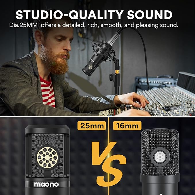 MAONO Condenser Microphone with 25mm Large Diaphragm, Professional Cardioid Studio Condenser Recording Mic with 3.5mm XLR for podcasting, Streaming, Singing, Vocal, Home-Studio (AU-PM325T)