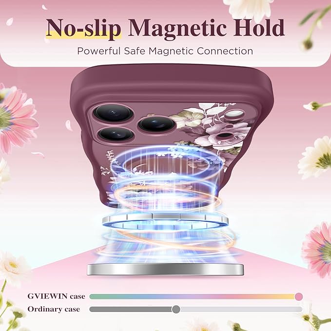 GVIEWIN for iPhone 17 Pro Max Case Compatible with MagSafe [Curly Wave Edge][Full Camera Protection] Floral Translucent Shockproof Magnetic Women Phone Case for 17 Pro Max, Cherry Blossoms/Burgundy