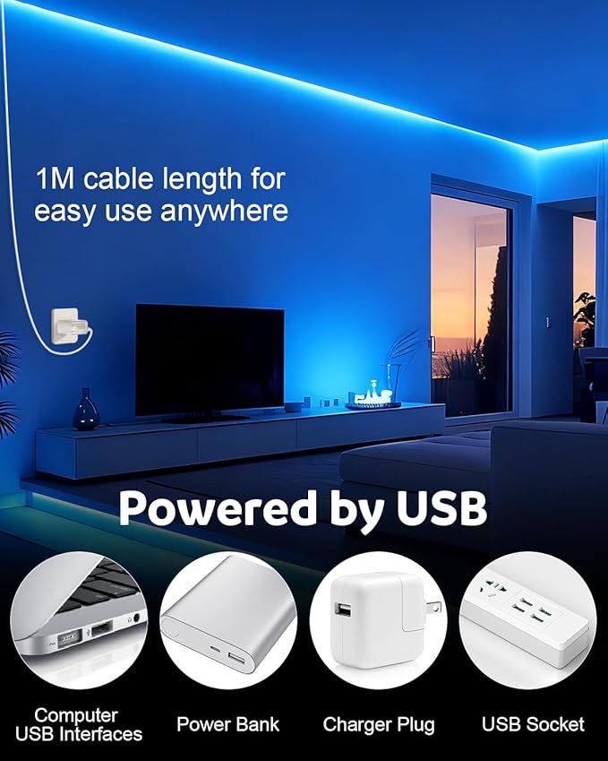 Aclorol COB LED Strip Light 1M 5V Flexible Blue LED Strip Lights for Bedroom with 1M USB Powered Cable Not Dimmable for Kitchen Cabinet Gaming Room Indoor DIY Decoration 320LEDs/M CRI85+
