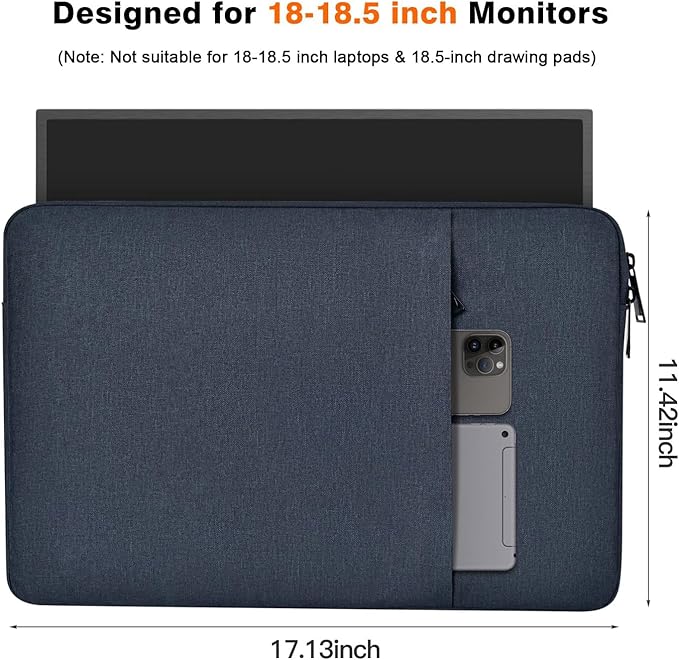 18 inch Portable Monitor Sleeve, Padded Shockproof Protective Carrying Case Bag with Accessory Pocket, Water-Resistant Monitor Display Bag for 18.5 inch Portable Monitors -Navy Blue