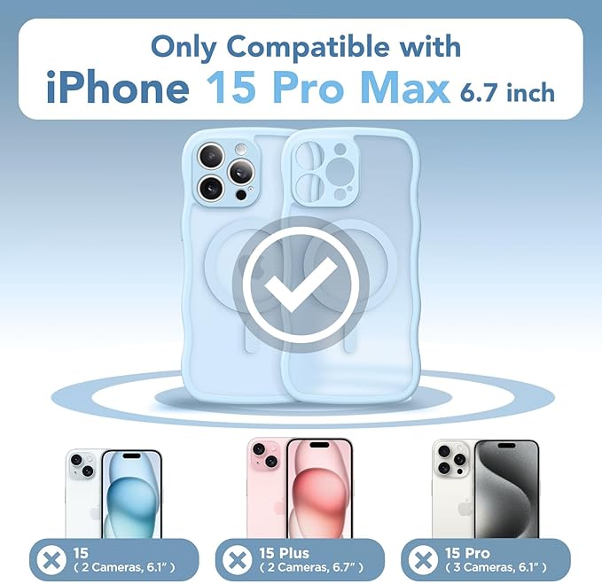 CAPRARO Cute for iPhone 15 Pro Max Case, Compatible with MagSafe, [Curly Wave Edge] [Full Camera Protection] [14 FT Drop Protection] Magnetic Phone Case for 15 Pro Max 6.7 Inch, Light Blue