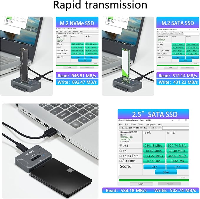 AOKO NVMe to USB 3.2(10Gbps) SSD Reader Docking Station – Portable M.2 SSD to USB Adapter External NVMe SSD Enclosure for M.2 PCIe NVMe and M.2 SATA SSD, Compatible with 2.5'' SATA Dirve