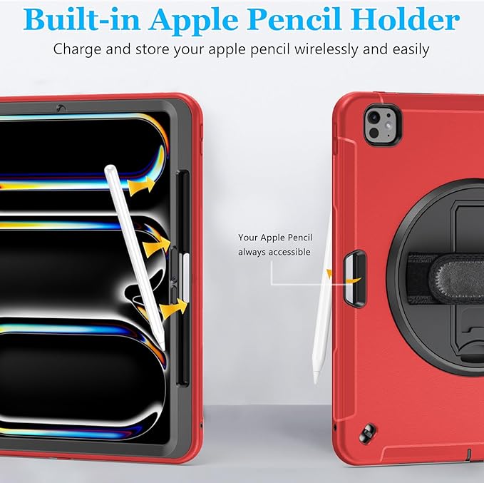 Case for iPad Pro 13 Inch M5 2025/ M4 2024: Military Grade Cover for iPad Pro 13" with Screen Protector - Stand - Handle - Shoulder Strap - Pencil Holder- Red