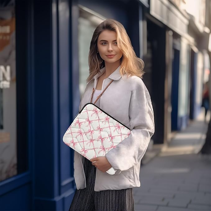 Laptop Case Sleeve, Pink Bow Plaid Pattern Shockproof Protective Computer Carrying Cover, Briefcase Handbags 13-13.3inch Laptop Sleeve Bag