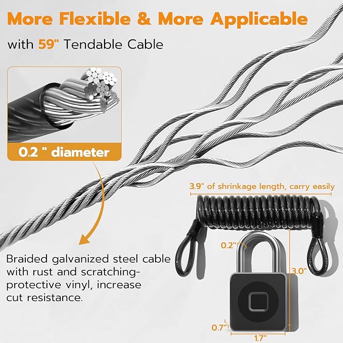Pothunder Fingerprint Lock With APP, Steel Cable Keyless Biometric Padlock, Smart Waterproof for Gym, Locker, Helmet, Gate, Fence, Luggage