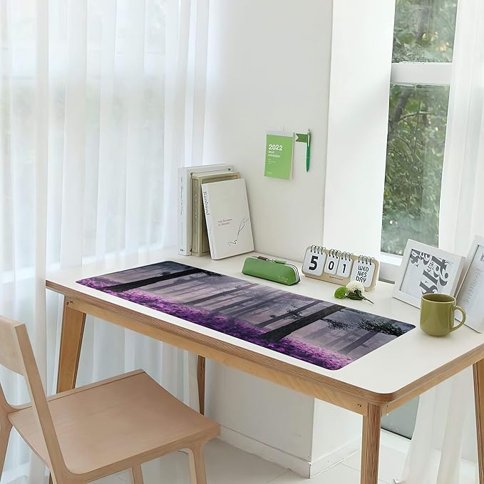 Gaming Desk Mat Large, Purple Misty Forest Extended Mousepad,Non-Slip Rubber Mouse Pad Stitched Edges,Desktop Decorative Accessories for Home Office 31.5" x 15.7"