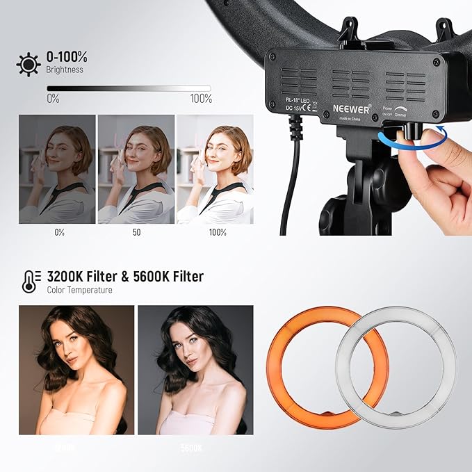 NEEWER 18 Inch/45cm LED Ring Light with Tripod Stand, Phone Holder, 58W 5600K Large Selfie Ringlight Compatible with iPhone Camera for Streaming Makeup Studio Photo Video Recording Filming, RL-18